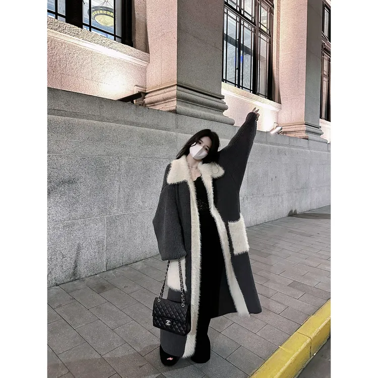 毛领过膝长款拼接防貂毛毛高级感开衫毛衣秋冬宽松慵懒风外套加厚