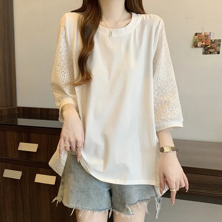 大码女装遮肚子圆领七分袖恤打底衫夏季胖妹妹宽松显瘦正肩上衣