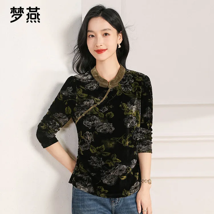 梦燕春秋女气质新中式盘扣国风妈妈装小衫印花休闲上衣AA03B5029