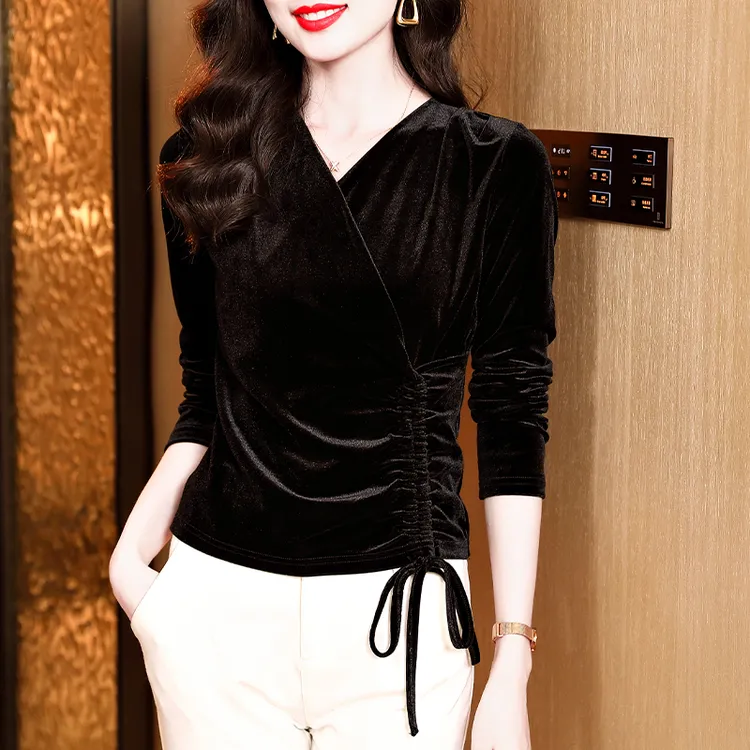 黑色V领金丝绒打底衫女内搭2025秋季新款交叉抽褶小衫长袖T恤上衣