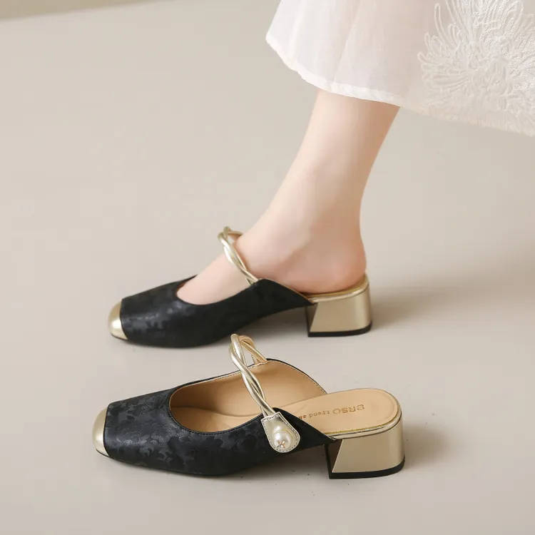 包头半拖鞋女夏季外穿2025新款时尚新中式国风懒人一脚蹬粗跟凉鞋