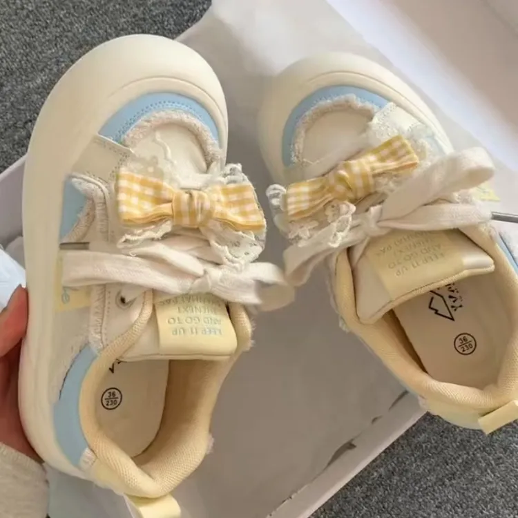 2025春季新款蝴蝶结板鞋女款校园风百搭鞋子厚底小白鞋休闲面包鞋