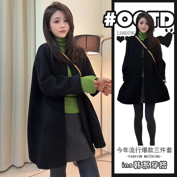 秋冬法式高领打底衫宽松百搭外套高腰短裙欧式高端大气三件套装潮