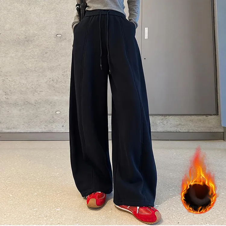 百搭高级感加绒加厚女士休闲卫裤女2025秋冬新款阔腿弯刀运动裤子
