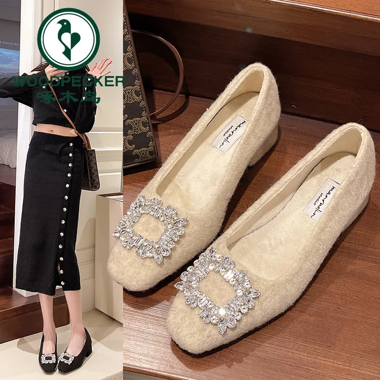 啄木鸟加绒2025新款秋冬高跟鞋女粗跟方扣水钻方头浅口通勤单鞋子