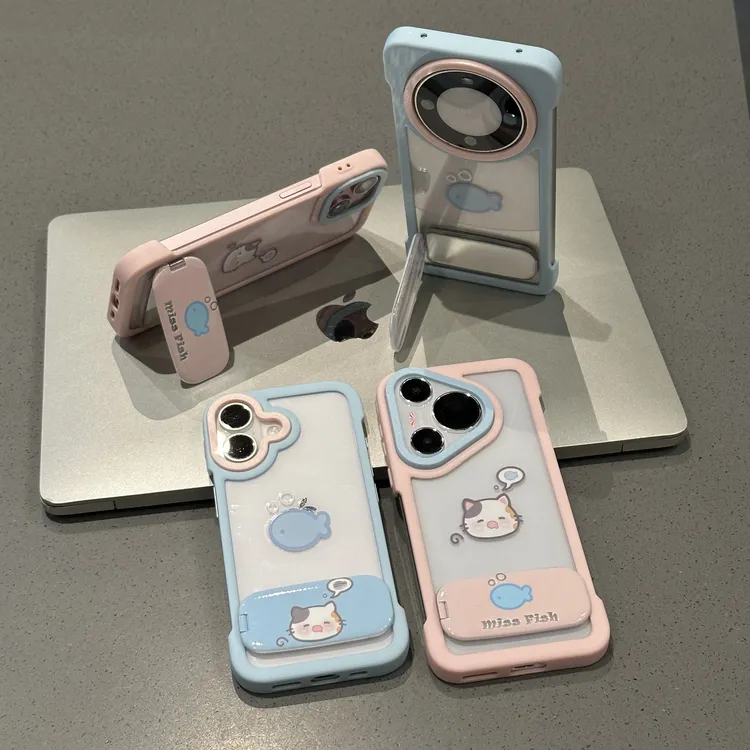小猫想鱼镜面支架适用苹果16promax无边框手机壳华为小米15防摔