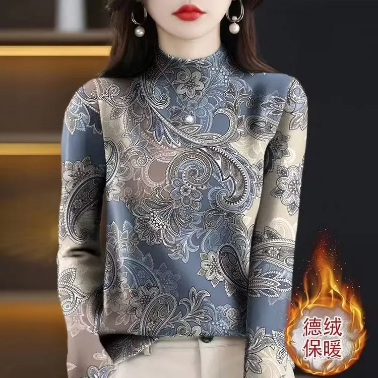 蕾丝半高领多花色莱赛尔长袖T恤秋冬百搭印花打底衫