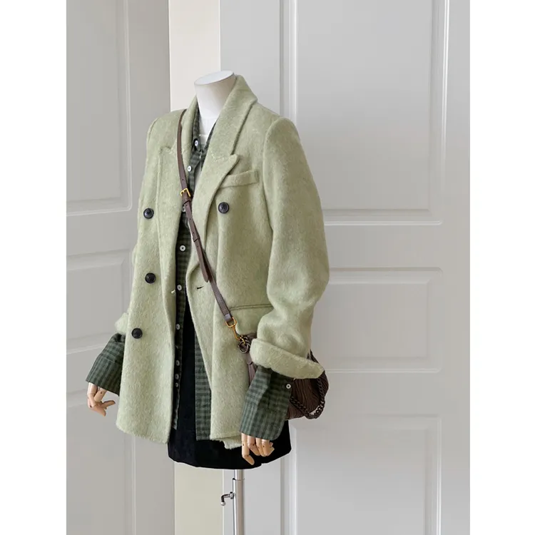 草绿毛呢外套女2025年新款秋冬装韩系小个子高级感中长款呢子大衣