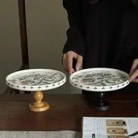 复古国风木质高脚陶瓷水果盘托盘复古法式收纳盘蛋糕点心盘摆件
