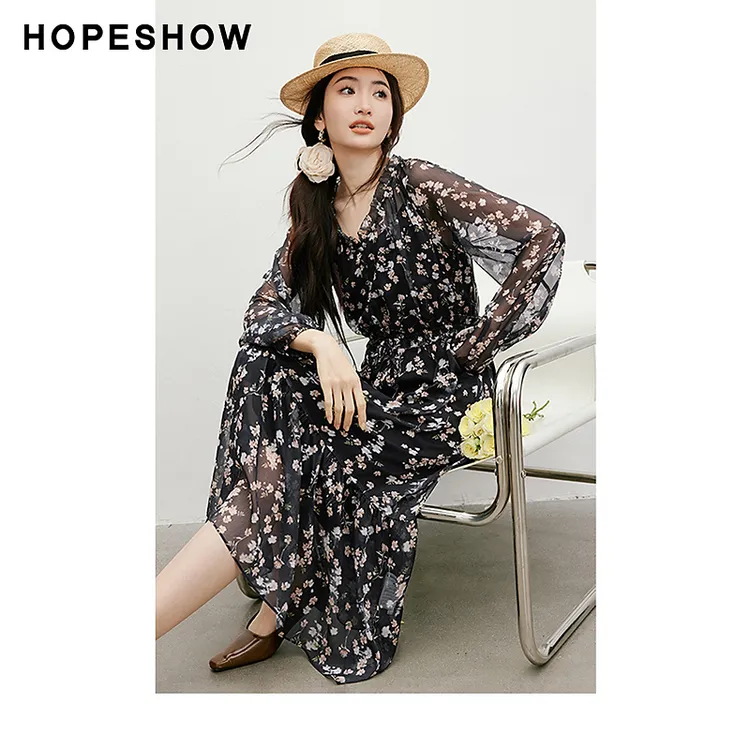 红袖2025春季新款女装 系带收腰木耳边套头雪纺连衣裙90125061602