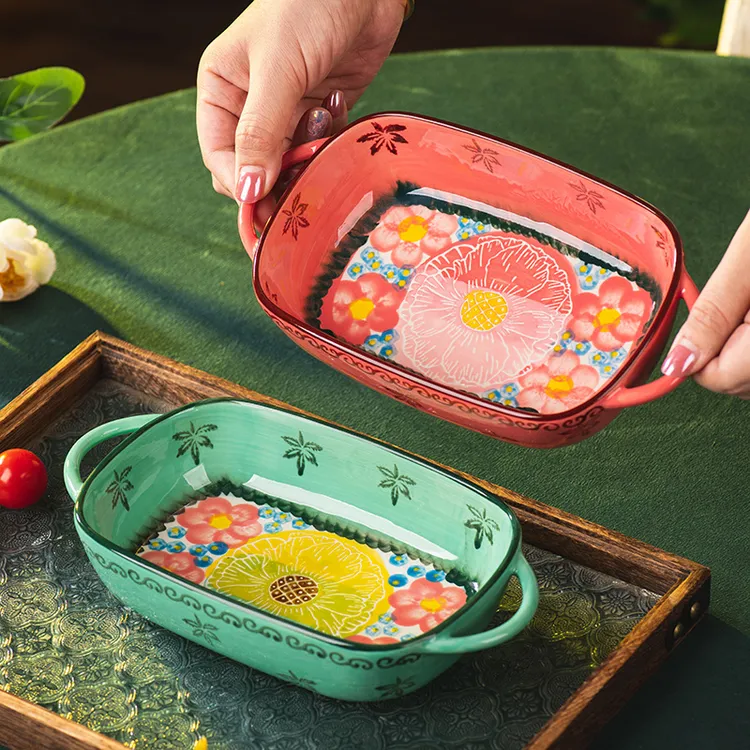 绿影盘子家用陶瓷餐盘菜盘新款复古双耳长方盘高颜值空气炸锅烤盘