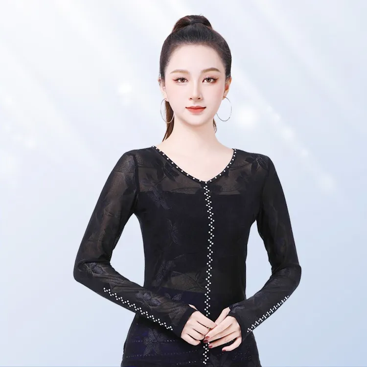 新款伦巴舞上衣网纱提花广场舞服装女交谊舞演出服恰恰舞蹈服长袖