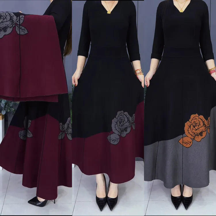 823-5#秋冬新款时尚针织牡丹花高腰弹力女士半身裙