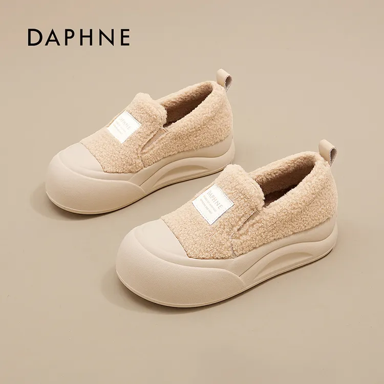 达芙妮正版女鞋秋冬新款百搭厚底一脚蹬保暖休闲鞋时尚毛毛棉鞋