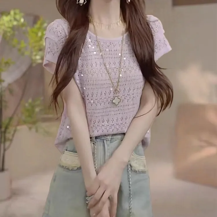 紫色重工亮片镂空短袖冰丝针织衫女夏季设计感宽松防晒罩衫上衣薄