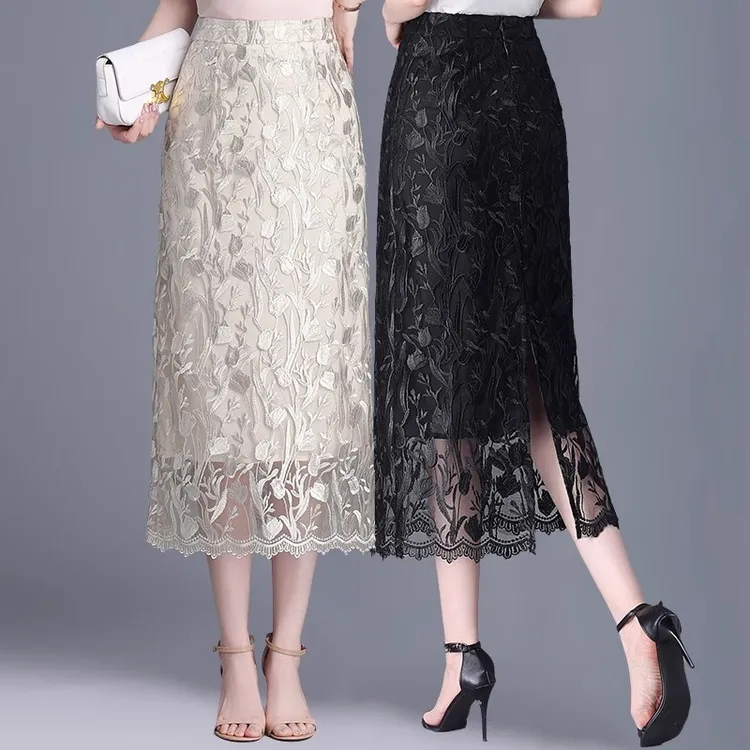 拉夏贝尔蕾丝半身裙女春夏季2025新款设计感修身开叉高腰包臀裙子