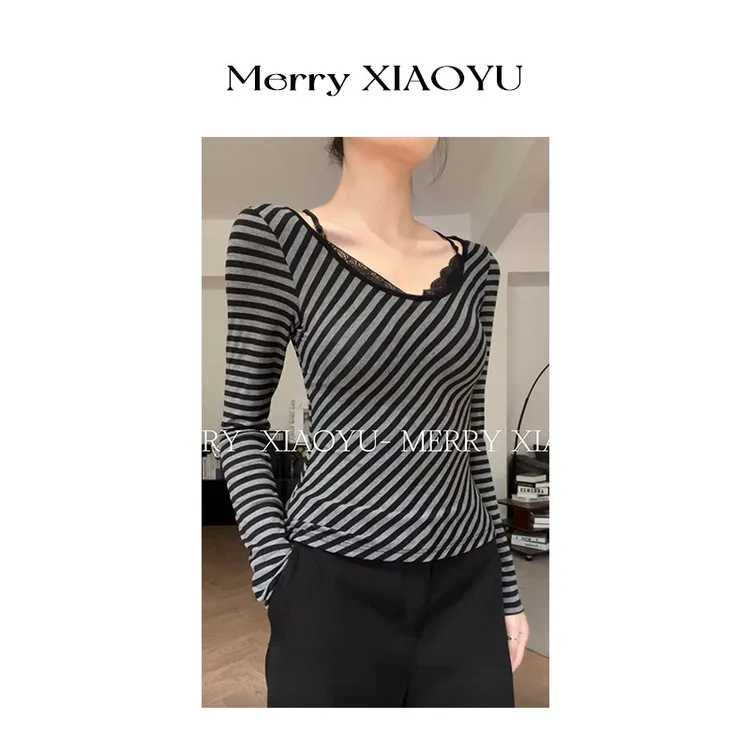 【小鱼】秋冬新款条纹蕾丝时尚设计长袖修身显瘦百搭气质上衣打底