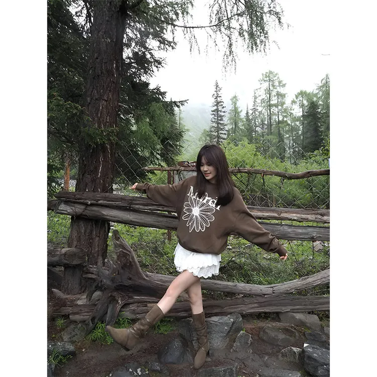美式复古长袖卫衣女装秋季新款小众设计感套头上衣女蕾丝半身裙