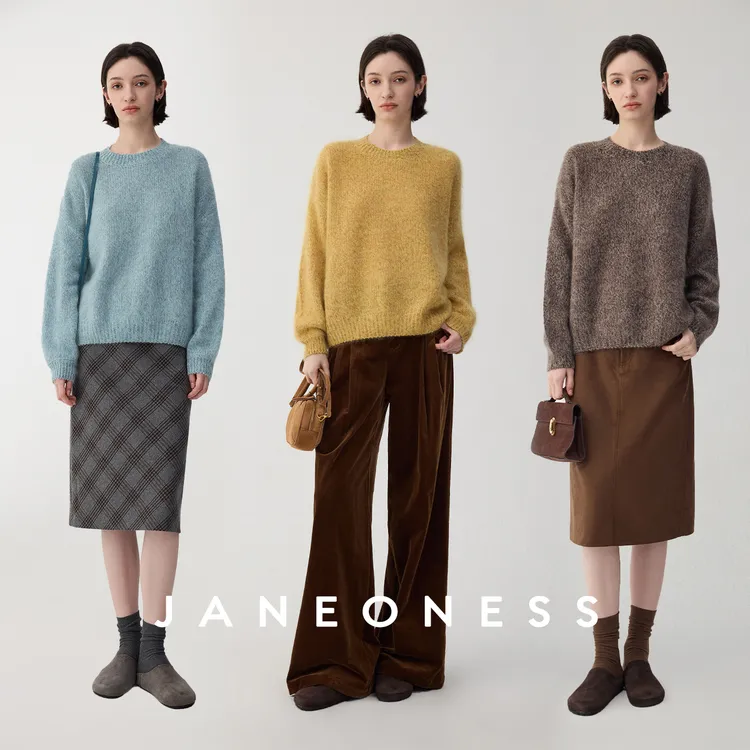 JANEONESS 100羊毛拉毛慵懒软糯杂色松弛廓形套头毛衣针织衫女秋