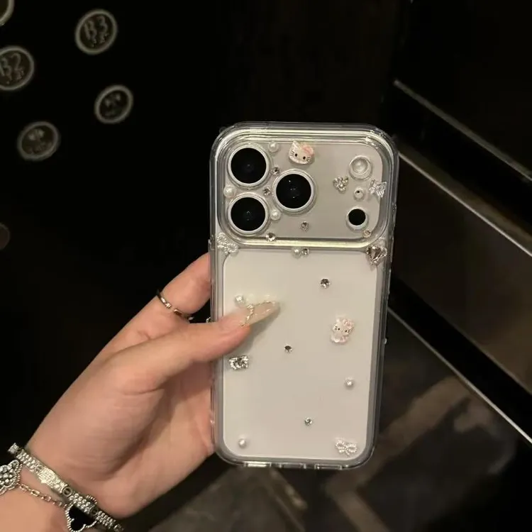 简约透明kt猫粉爱心彩钻适用iPhone17promax手机壳苹果16pro新15
