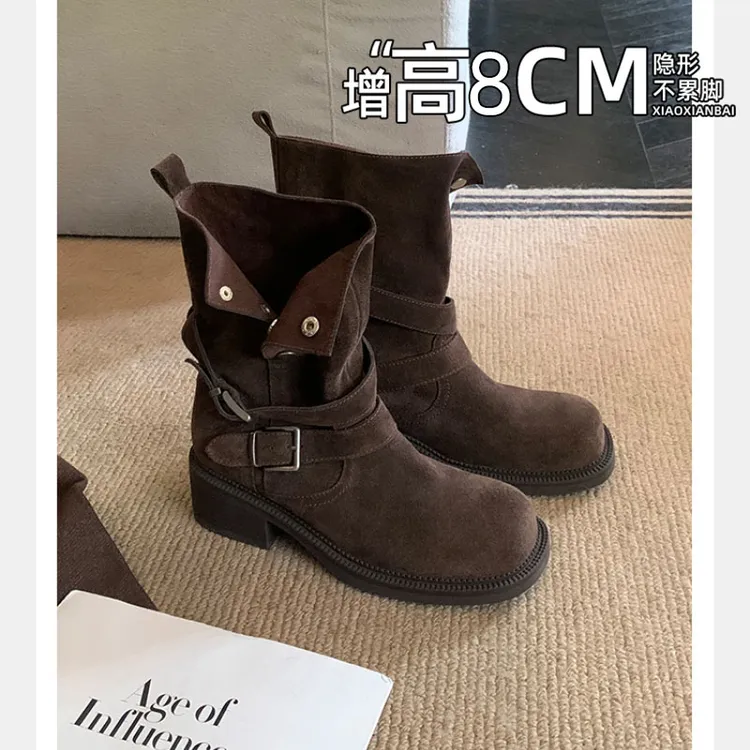 葡萄妈studiolee增高8cm~ 美拉德两个跟高扣带牛反绒短筒靴女秋冬