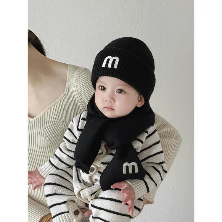 宝宝帽子围巾两件套秋冬季保暖加厚针织毛线帽男女宝宝护耳洋气帽
