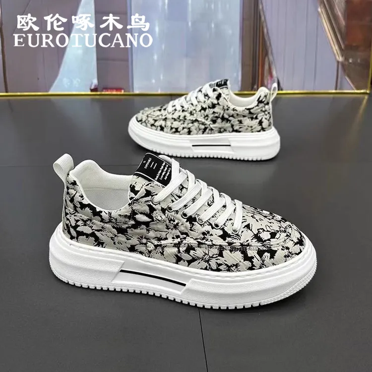 欧伦啄木鸟EUROTUCANO男鞋新款透气碎花帆布鞋子男款韩版休闲板鞋