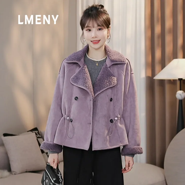 LMENY“阿萨姆”超松软~颗粒毛毛拼接翻领双排扣收腰外套25DW028