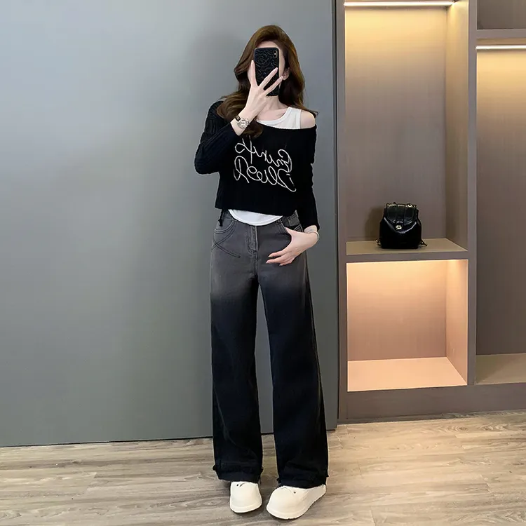 洋气欧货时髦套装女2025秋新款针织背心镂空罩衫上衣牛仔裤三件套