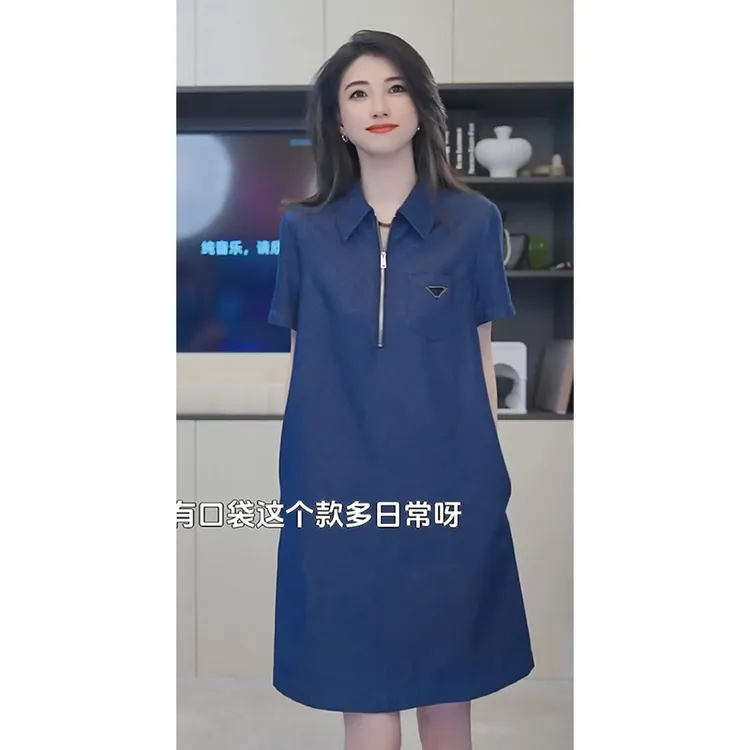 小乖逃时尚藏蓝连衣裙半拉链中长款轻奢休闲短袖连衣裙夏季S25482