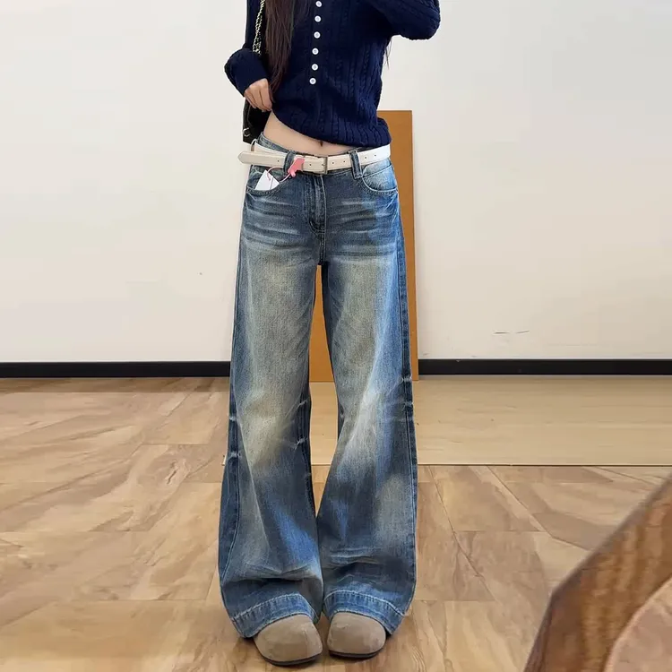 高个子加长美式复古水洗阔腿牛仔裤女秋季高腰宽松显瘦直筒拖地裤