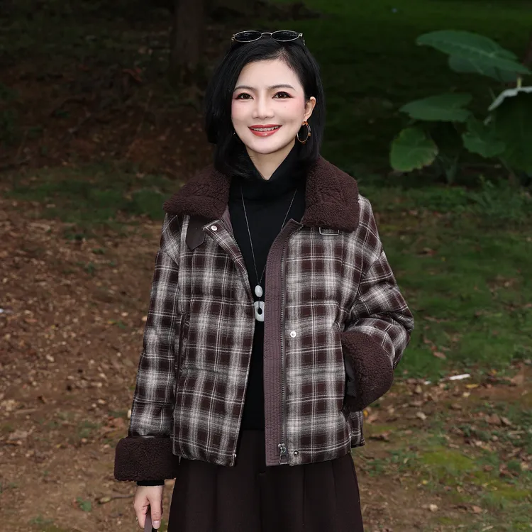 枫竺阿楠anan90白鸭绒翻领全对格纹加厚羽绒服女秋冬保暖通勤外套