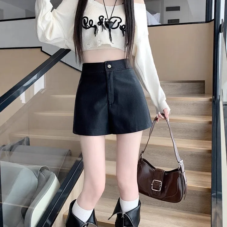 【爆款】高腰显瘦短pu皮短裤女2025春秋季新款休闲简约阔腿裤时尚韩