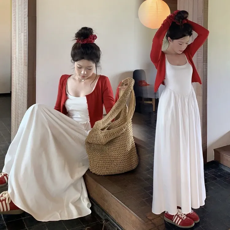 2025年孕妇装秋装新款高级感红色开衫+吊带孕妇连衣裙两件套装秋