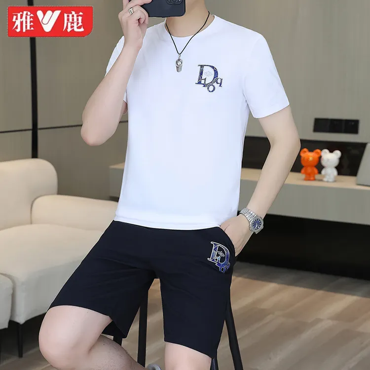 雅鹿夏季轻奢运动休闲套装男士时尚潮流短袖t恤帅气薄款一套衣服