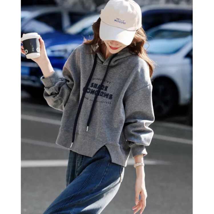 潮流开叉下摆字母印花卫衣25秋季新时尚休闲百搭连帽上衣女
