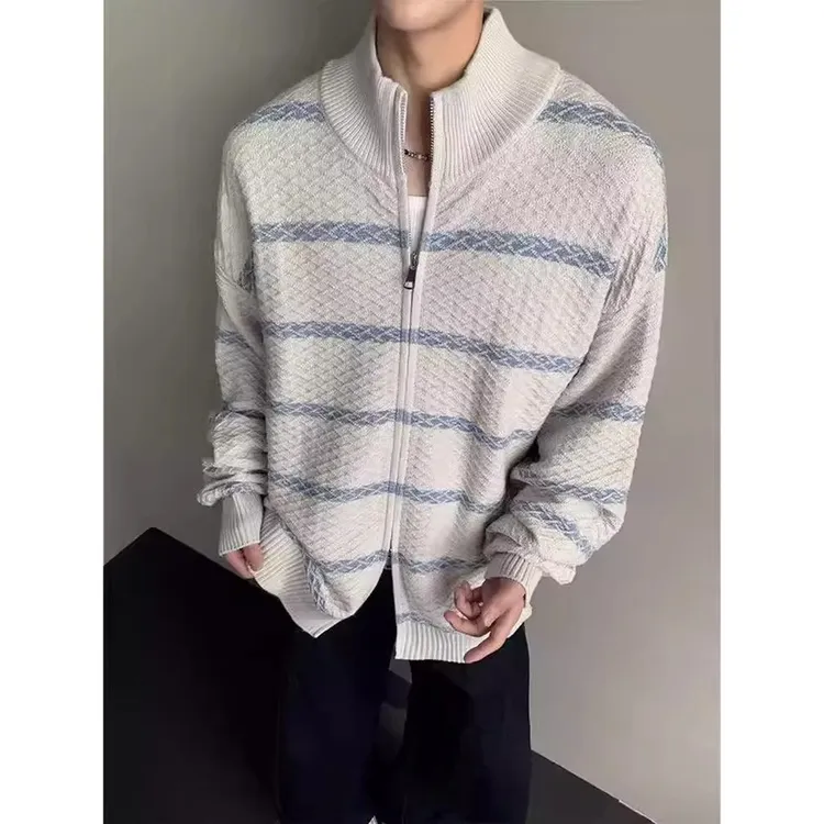 条纹男女款韩系提花开衫休闲男士立领毛衣潮流针织衫宽松冬季秋冬