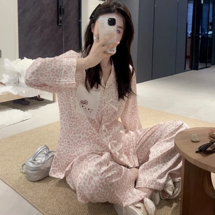 粉色豹纹春秋冰丝睡衣女士长袖春秋季ins风蝴蝶结少女家居服套装