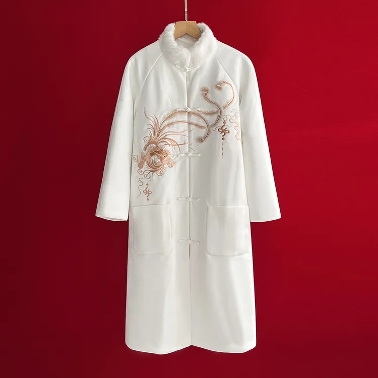 复古优雅新中式国风冬款女上衣中长款棉服鹿皮绒加厚刺绣棉大衣