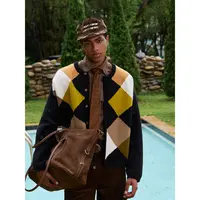 OPENFLY* 复古菱格纹针织开衫毛衣 休闲撞色宽松针织纽扣开衫外套