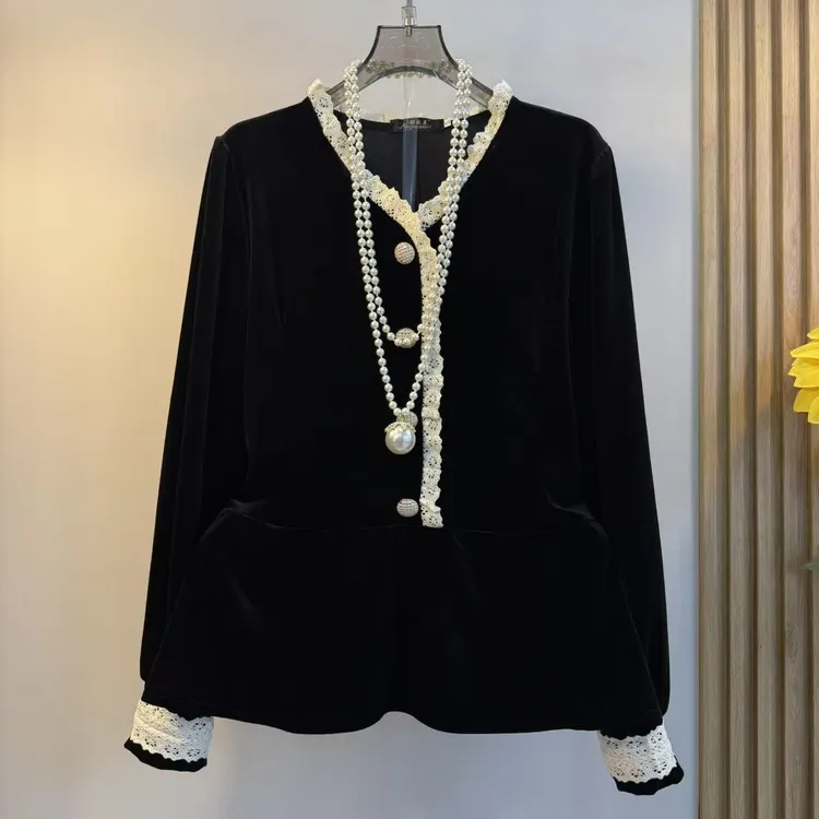 2025春秋新款法式丝绒拼接花边胖MM大码女装气质时尚显瘦T恤小衫