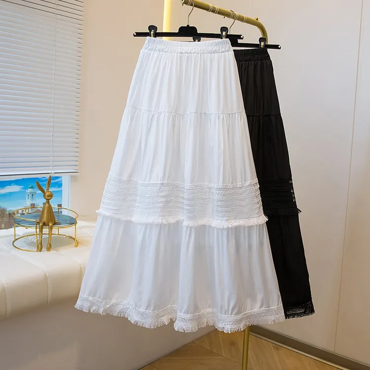 法式白色蛋糕裙女春夏高腰显瘦蕾丝花边半身裙A字裙伞裙大摆裙子
