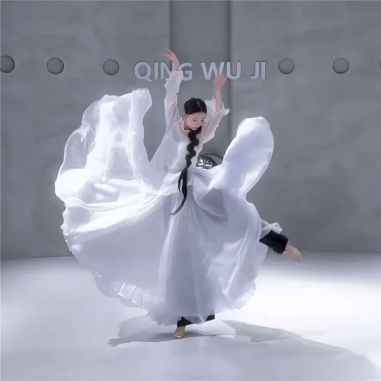 九万字古典舞舞蹈大摆裙中国风双层白色720度飘逸影楼写真半身裙