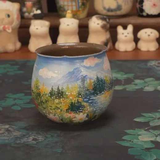 石一设计师款阿勒泰紫砂花口手握杯手工手绘咖啡杯茶水杯380ml
