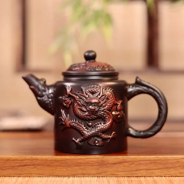 紫陶浮雕龙凤凤鸣家用中式复古陶瓷泡茶壶泡茶器茶具