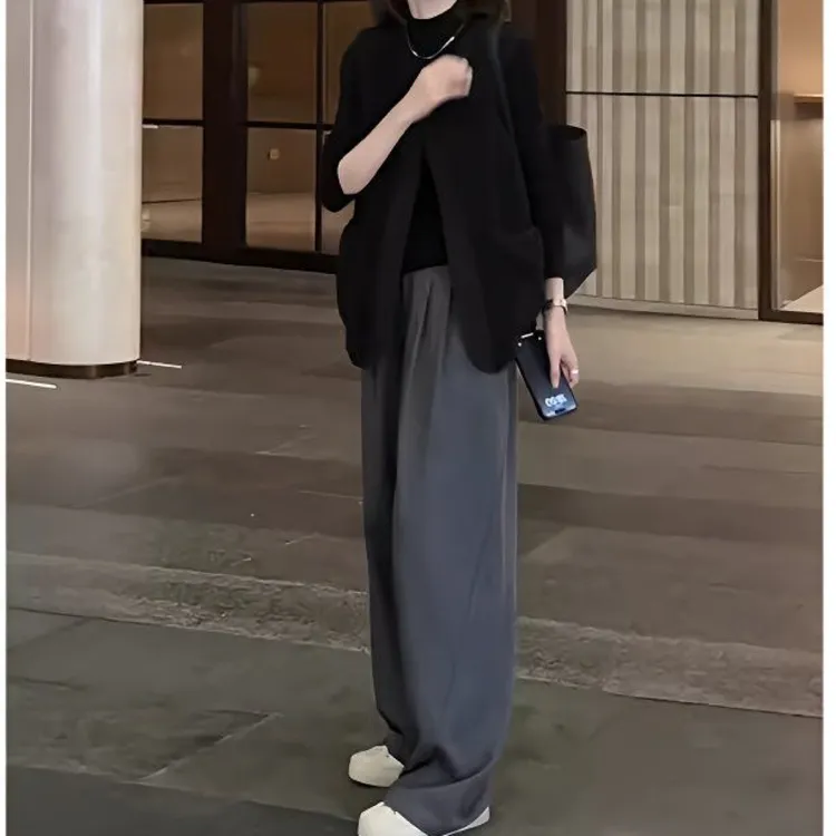 新款黑色打底衫马甲灰色阔腿裤大方得体穿搭