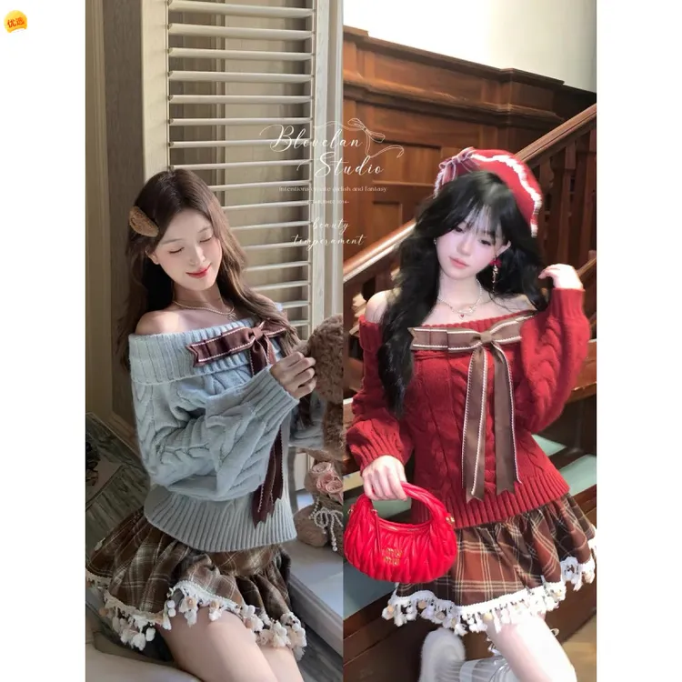 心湾泊梦甜美慵懒大蝴蝶软糯北极绒针织秋冬一字肩毛衣