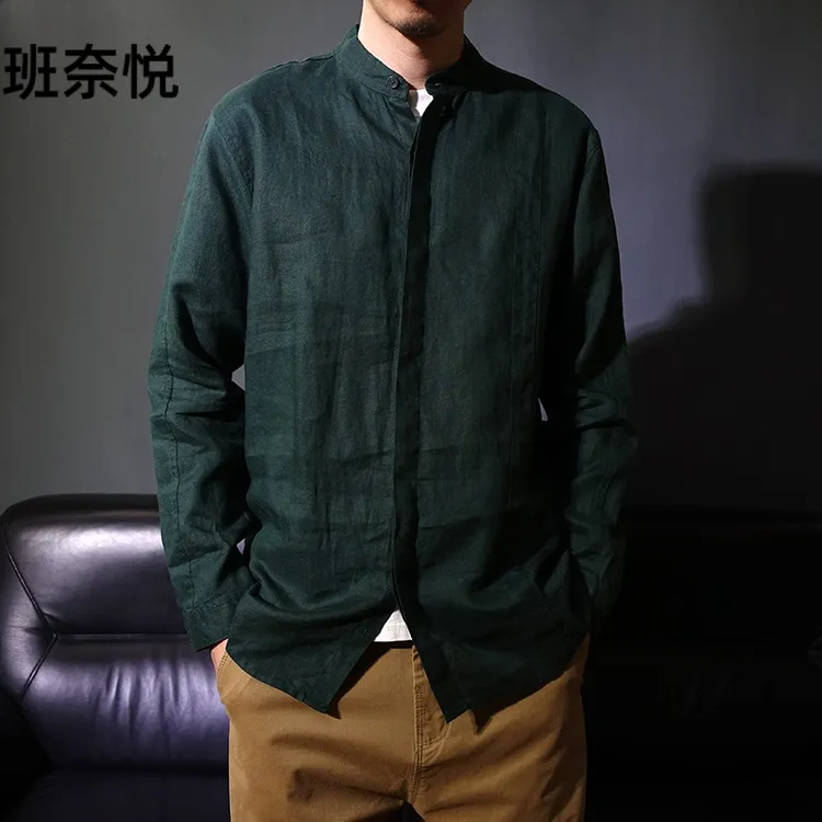 男款亚麻衬衫薄款长袖休闲春秋宽松立领暗扣衬衣纯色中山装茶服