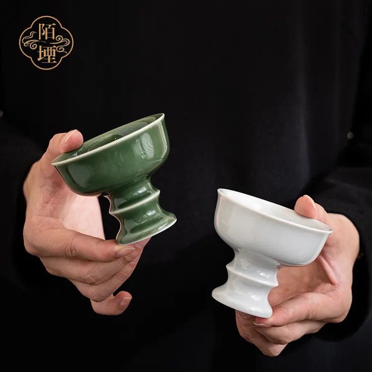 陌堙 仿古青璃冰灰高足杯陶瓷功夫茶杯高脚品茗杯主人杯个人茶具