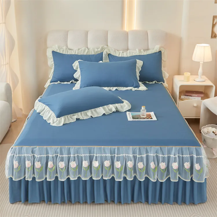 韩版公主风水洗棉床裙刺绣纯色磨毛防滑床床裙三件套